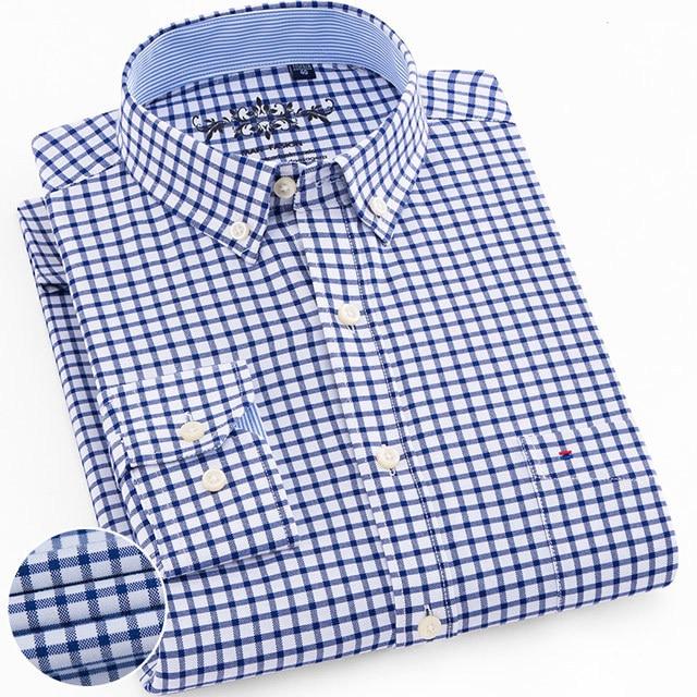 Men's Long Sleeve Oxford Plaid Striped Casual Shirt Front Patch Chest Pocket Regular-fit Button-down Collar Thick Work Shirts