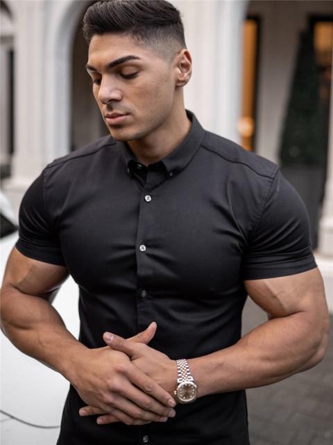 Men Fashion Casual Short Sleeve Solid Shirt Super Slim Fit Male Social Business Dress Shirt Brand Men Fitness Sports Clothing