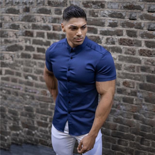 Men Fashion Casual Short Sleeve Solid Shirt Super Slim Fit Male Social Business Dress Shirt Brand Men Fitness Sports Clothing