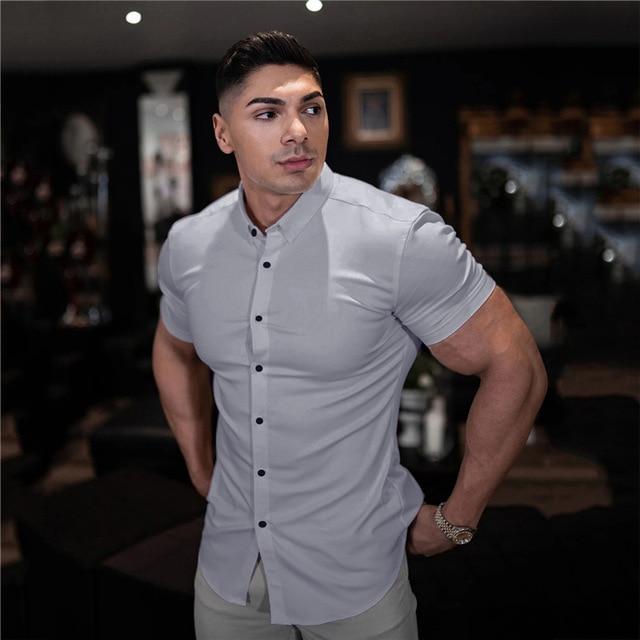 Men Fashion Casual Short Sleeve Solid Shirt Super Slim Fit Male Social Business Dress Shirt Brand Men Fitness Sports Clothing