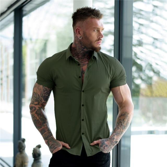 Men Fashion Casual Short Sleeve Solid Shirt Super Slim Fit Male Social Business Dress Shirt Brand Men Fitness Sports Clothing