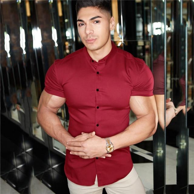 Men Fashion Casual Short Sleeve Solid Shirt Super Slim Fit Male Social Business Dress Shirt Brand Men Fitness Sports Clothing