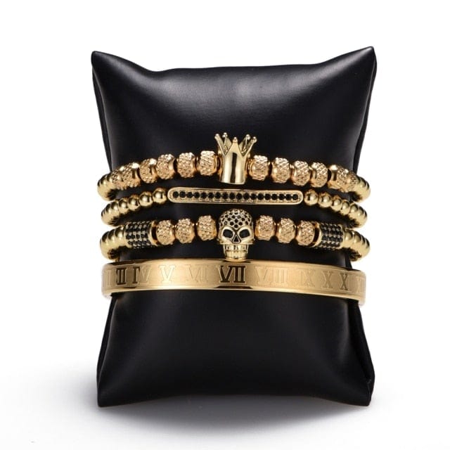 Hot 4pcs/set Classical Handmade Braiding Bracelet Gold Hip Hop Men Pave CZ Zircon Skull Roman Numeral Bracelet Luxury Jewelry