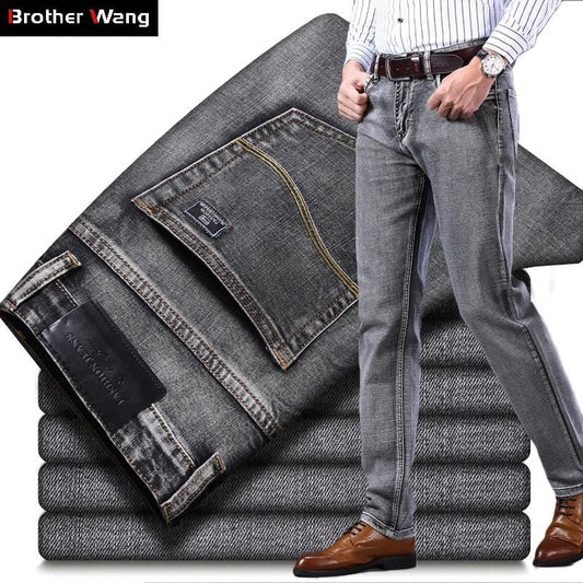 2021 New Men's Stretch Regular Fit Jeans Business Casual Classic Style Fashion Denim Trousers Male Black Blue Gray Pants