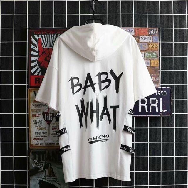 super Fire Ribbon Hooded Hip Hop Short Sleeve Hip Hop Fashion T-shirt Men's Fake Two-piece Street Bf Loose Five Sleeve T-shirt