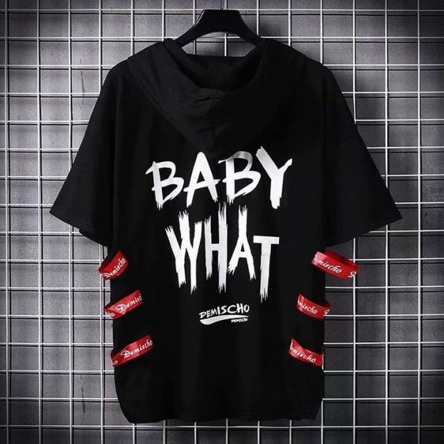 super Fire Ribbon Hooded Hip Hop Short Sleeve Hip Hop Fashion T-shirt Men's Fake Two-piece Street Bf Loose Five Sleeve T-shirt