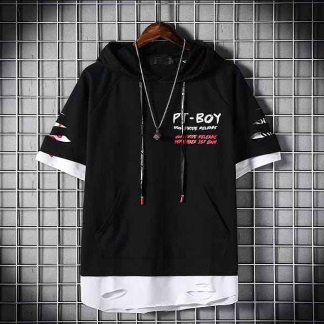 super Fire Ribbon Hooded Hip Hop Short Sleeve Hip Hop Fashion T-shirt Men's Fake Two-piece Street Bf Loose Five Sleeve T-shirt