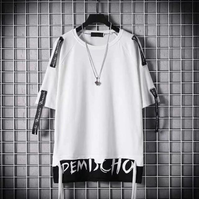 super Fire Ribbon Hooded Hip Hop Short Sleeve Hip Hop Fashion T-shirt Men's Fake Two-piece Street Bf Loose Five Sleeve T-shirt