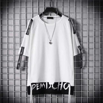 super Fire Ribbon Hooded Hip Hop Short Sleeve Hip Hop Fashion T-shirt Men's Fake Two-piece Street Bf Loose Five Sleeve T-shirt