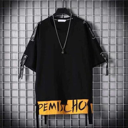 super Fire Ribbon Hooded Hip Hop Short Sleeve Hip Hop Fashion T-shirt Men's Fake Two-piece Street Bf Loose Five Sleeve T-shirt