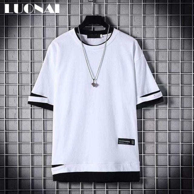 super Fire Ribbon Hooded Hip Hop Short Sleeve Hip Hop Fashion T-shirt Men's Fake Two-piece Street Bf Loose Five Sleeve T-shirt