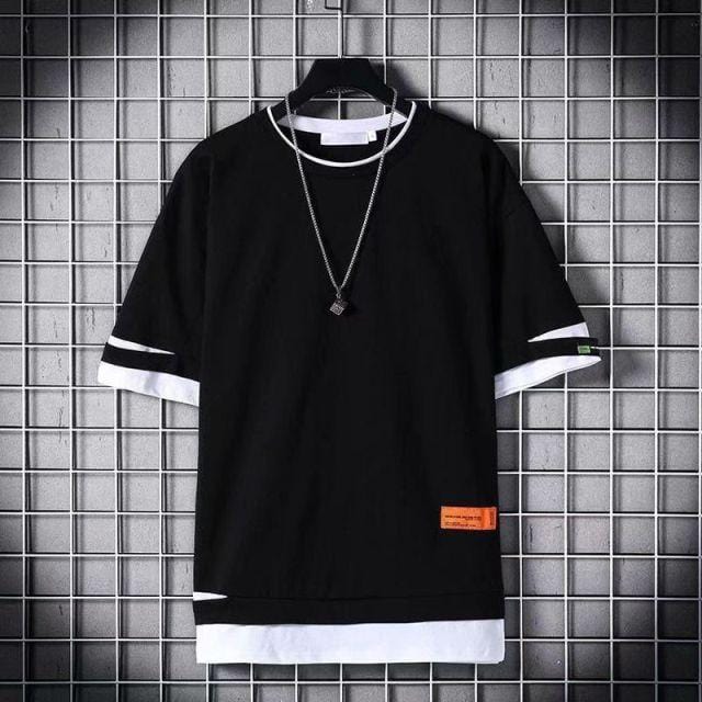 super Fire Ribbon Hooded Hip Hop Short Sleeve Hip Hop Fashion T-shirt Men's Fake Two-piece Street Bf Loose Five Sleeve T-shirt