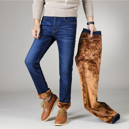 Winter New Men's Warm Jeans Business Casual Elasticity Thick Slim Denim Pants Brand Trousers Black Plus Size 40 42