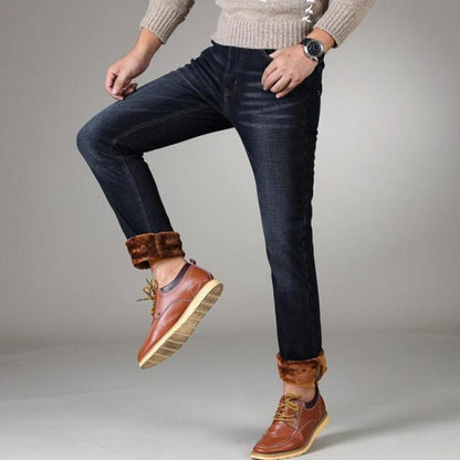 Winter New Men's Warm Jeans Business Casual Elasticity Thick Slim Denim Pants Brand Trousers Black Plus Size 40 42