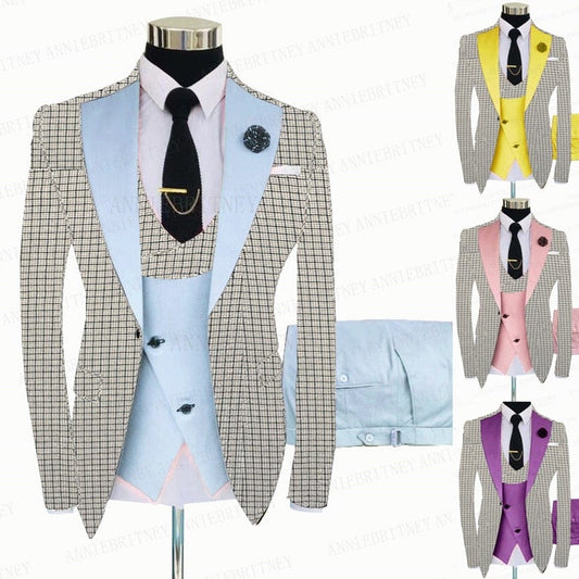 White Grey Plaid Men Suit 3 Pieces Tailored Best Man Groom Wedding Tuxedo Slim Fit Business Blazer Suit Jacket Vest Pants Set