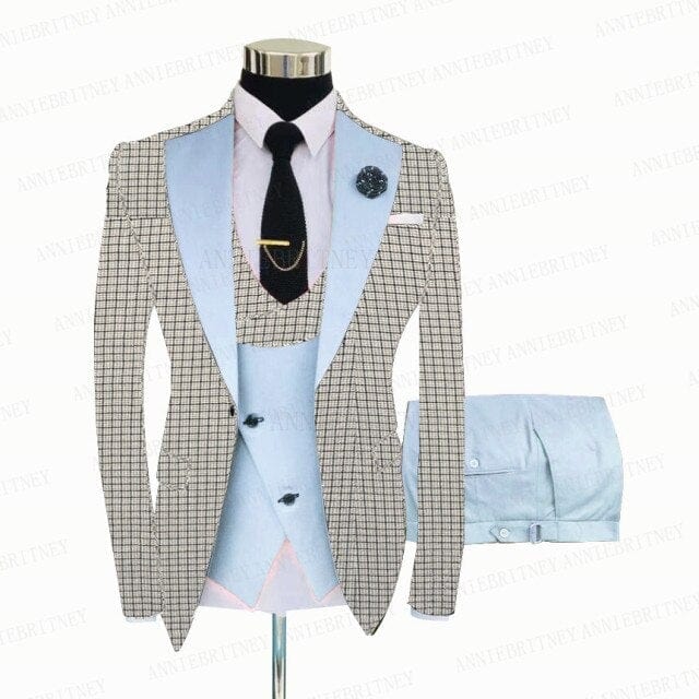 White Grey Plaid Men Suit 3 Pieces Tailored Best Man Groom Wedding Tuxedo Slim Fit Business Blazer Suit Jacket Vest Pants Set