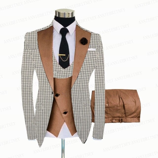 White Grey Plaid Men Suit 3 Pieces Tailored Best Man Groom Wedding Tuxedo Slim Fit Business Blazer Suit Jacket Vest Pants Set