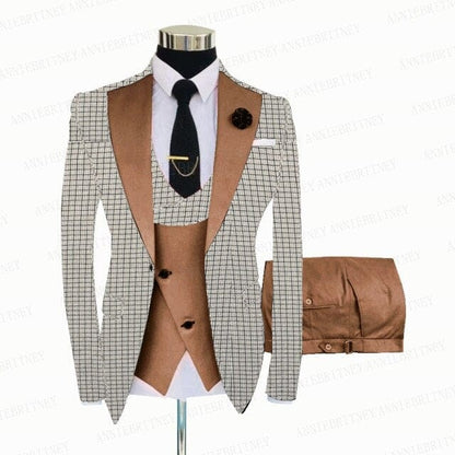 White Grey Plaid Men Suit 3 Pieces Tailored Best Man Groom Wedding Tuxedo Slim Fit Business Blazer Suit Jacket Vest Pants Set