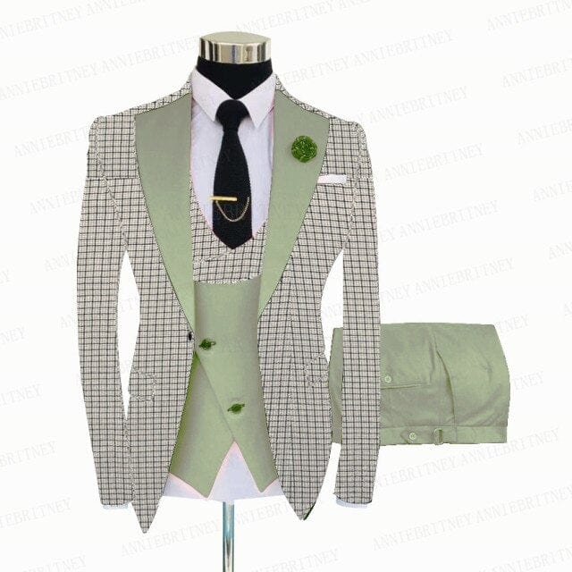 White Grey Plaid Men Suit 3 Pieces Tailored Best Man Groom Wedding Tuxedo Slim Fit Business Blazer Suit Jacket Vest Pants Set