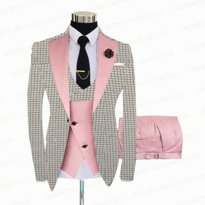 White Grey Plaid Men Suit 3 Pieces Tailored Best Man Groom Wedding Tuxedo Slim Fit Business Blazer Suit Jacket Vest Pants Set