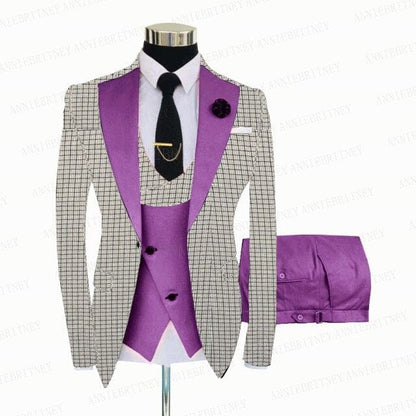White Grey Plaid Men Suit 3 Pieces Tailored Best Man Groom Wedding Tuxedo Slim Fit Business Blazer Suit Jacket Vest Pants Set