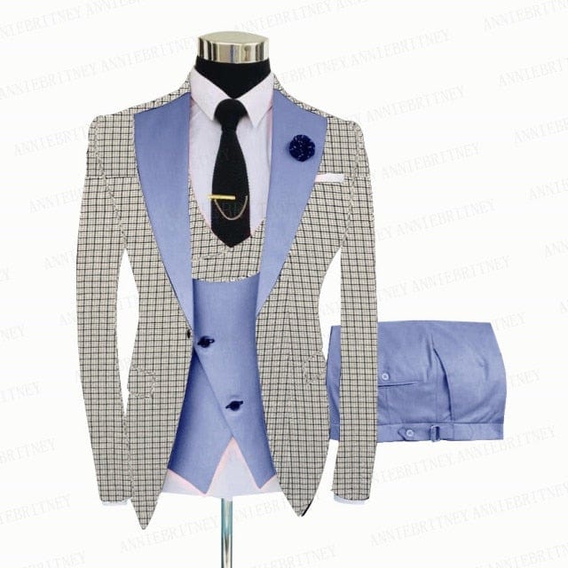 White Grey Plaid Men Suit 3 Pieces Tailored Best Man Groom Wedding Tuxedo Slim Fit Business Blazer Suit Jacket Vest Pants Set