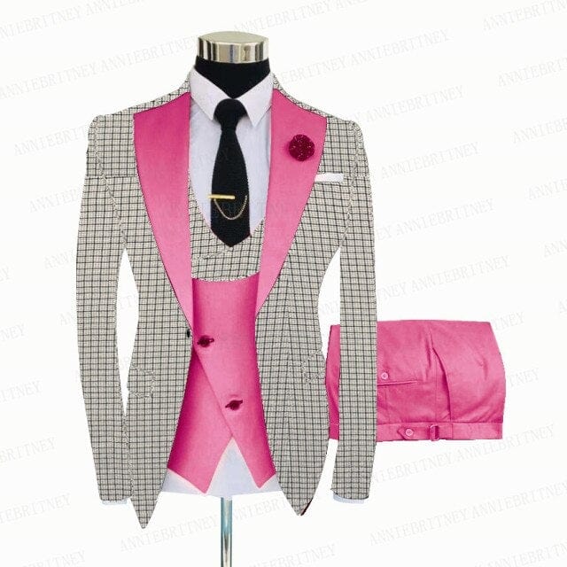 Costum pentru bărbați în carouri alb gri, 3 piese, croit cel mai bun bărbat, smoking de nuntă, slim fit, pentru afaceri, blazer, jachetă, set de pantaloni