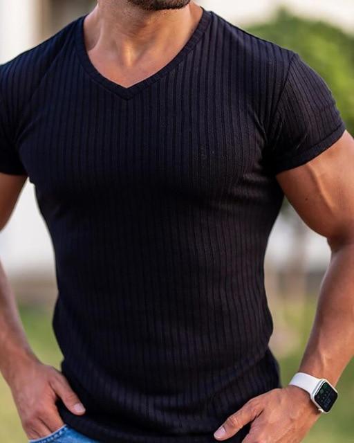 Men V Neck Short Sleeve T Shirt Fitness Slim Fit Sports Strips T-shirt Male Solid Fashion Tees Tops Summer Knitted Gym Clothing