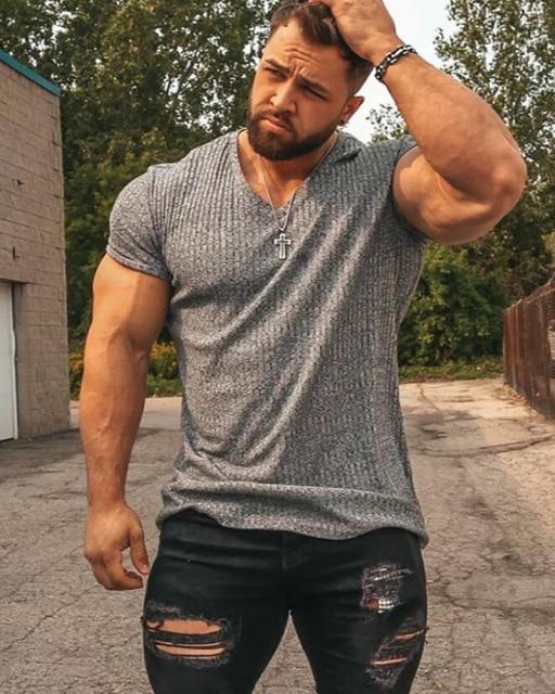 Men V Neck Short Sleeve T Shirt Fitness Slim Fit Sports Strips T-shirt Male Solid Fashion Tees Tops Summer Knitted Gym Clothing