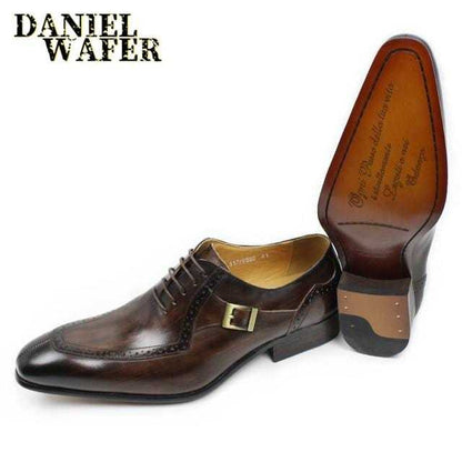 LUXURY LEATHER MEN SHOES CASUAL MEN OFFICE BUSINESS WEDDING SHOE COFFEE BLACK LACE-UP BUCKLE STRAP POINTED SHOES FOR MEN