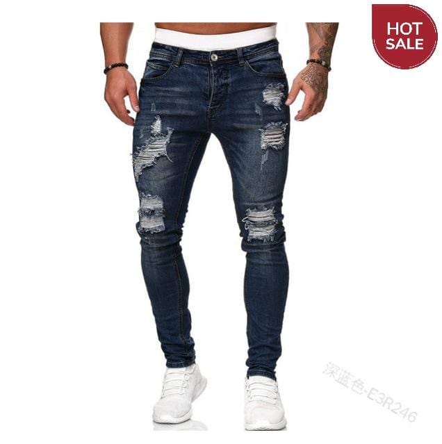 Mens Ripped Skinny Jeans Blue Slim Fit Hole Pencil Pants Biker Casual Trousers Streetwear 2020 High Quality Denim Man Clothing