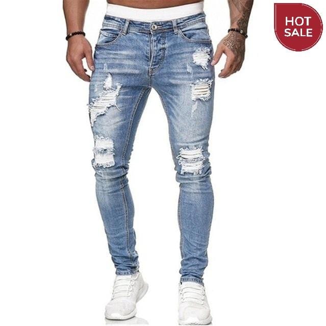 Mens Ripped Skinny Jeans Blue Slim Fit Hole Pencil Pants Biker Casual Trousers Streetwear 2020 High Quality Denim Man Clothing