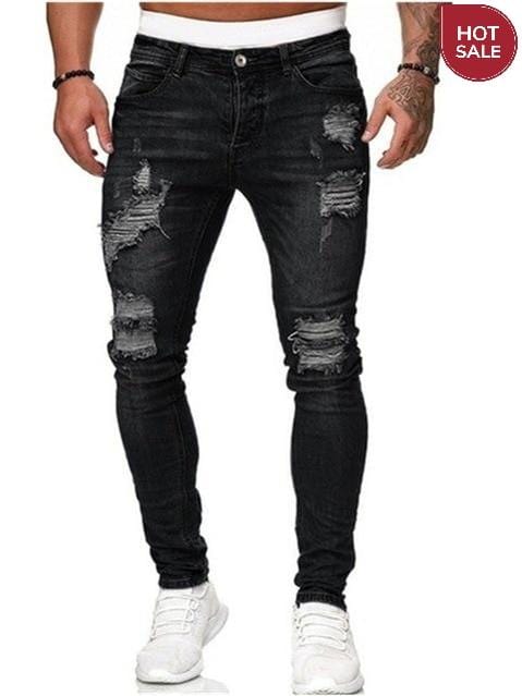 Mens Ripped Skinny Jeans Blue Slim Fit Hole Pencil Pants Biker Casual Trousers Streetwear 2020 High Quality Denim Man Clothing