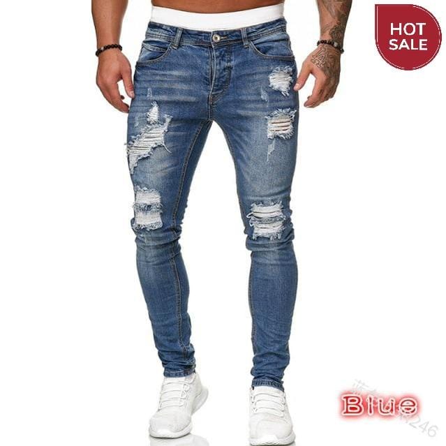 Mens Ripped Skinny Jeans Blue Slim Fit Hole Pencil Pants Biker Casual Trousers Streetwear 2020 High Quality Denim Man Clothing