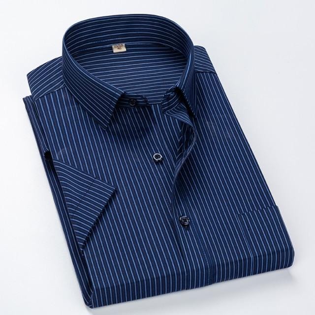 Summer S~8xl men's striped short sleeve dress shirt square collar non-iron regular fit anti-wrinkle pocket male social shirt