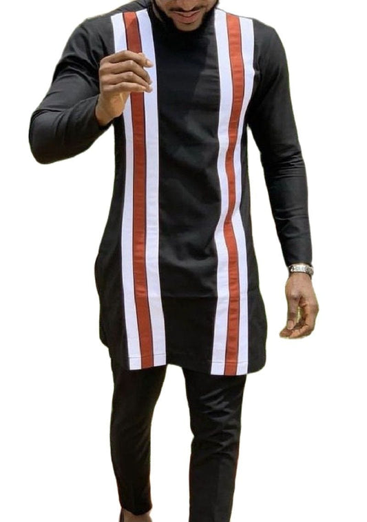 O-Neck Shirts Man Orange/White Cloth Strip Patchwork Tops And Solid Black Trousers Tailor-Made African Fashion Men's Pant Sets