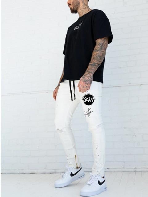 Men Ripped Skinny Zipper Jeans Black Patchwork Biker Pencil Pants Locomotive Denim Pants Streets Hip Hop Draped Jeans Male