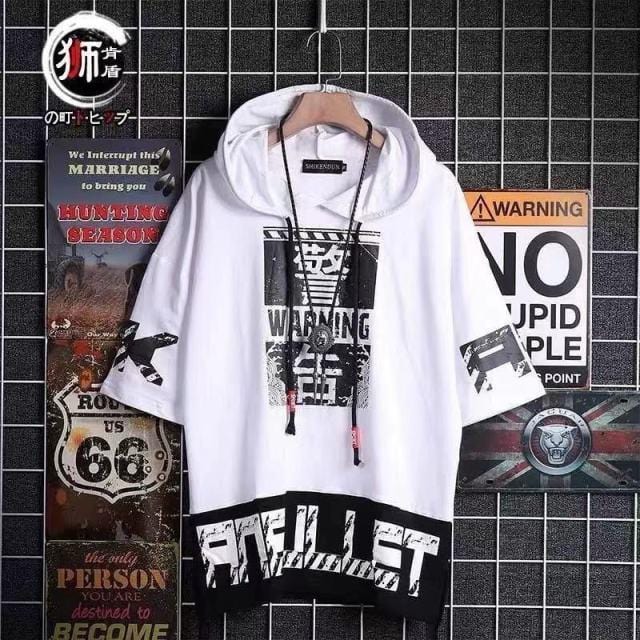 super Fire Ribbon Hooded Hip Hop Short Sleeve Hip Hop Fashion T-shirt Men's Fake Two-piece Street Bf Loose Five Sleeve T-shirt