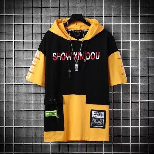 super Fire Ribbon Hooded Hip Hop Short Sleeve Hip Hop Fashion T-shirt Men's Fake Two-piece Street Bf Loose Five Sleeve T-shirt