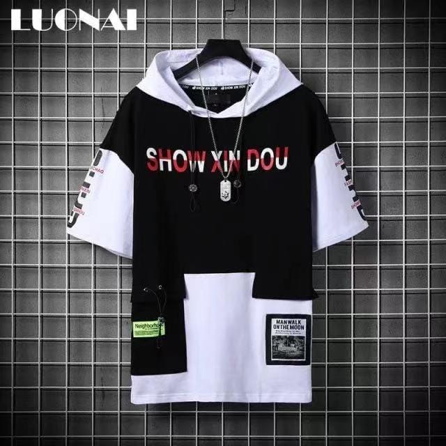 super Fire Ribbon Hooded Hip Hop Short Sleeve Hip Hop Fashion T-shirt Men's Fake Two-piece Street Bf Loose Five Sleeve T-shirt