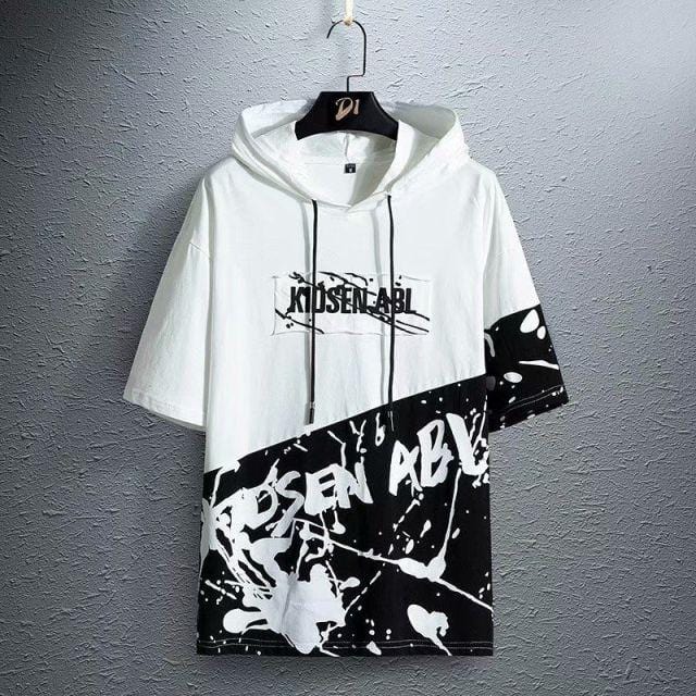 super Fire Ribbon Hooded Hip Hop Short Sleeve Hip Hop Fashion T-shirt Men's Fake Two-piece Street Bf Loose Five Sleeve T-shirt