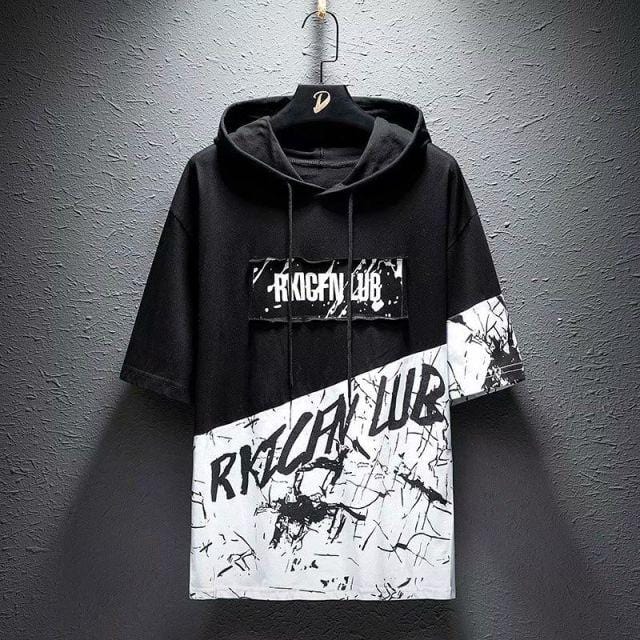 super Fire Ribbon Hooded Hip Hop Short Sleeve Hip Hop Fashion T-shirt Men's Fake Two-piece Street Bf Loose Five Sleeve T-shirt