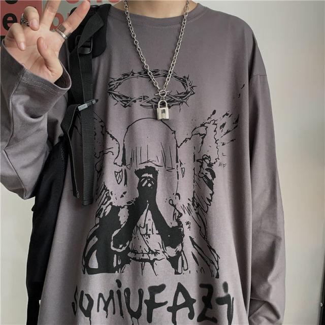 Men Long Sleeve T-shirts Autumn Print Gothic Vintage Ulzzang Cozy High Street Streetwear 5XL Baggy Korean Trendy Harajuku BF New