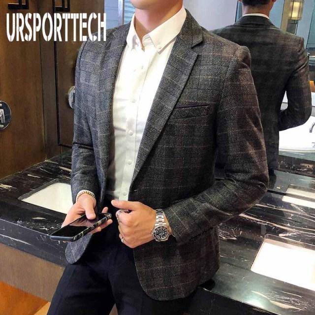 URSPORTTECH Men's Blazer British's Style Casual Slim Fit Suit Jacket Male Plaid Blazers Men Coat Terno Masculino Plus Size M-5XL