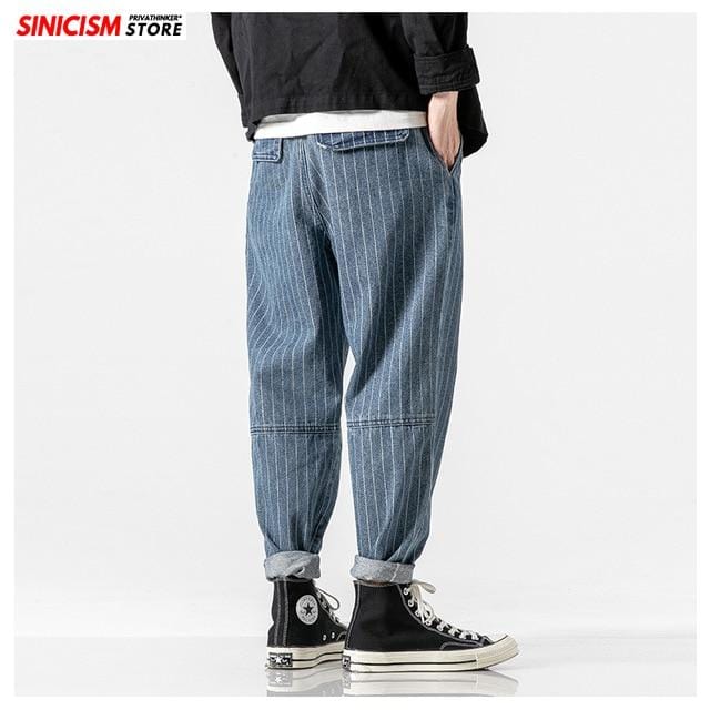 MrGB Men's 2021 Streetwear Loose Denim Pants With Belt Men Spring Striped Oversize Harem Pants Male Fashion Pockets Jeans