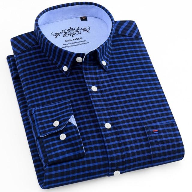 Men's Long Sleeve Oxford Plaid Striped Casual Shirt Front Patch Chest Pocket Regular-fit Button-down Collar Thick Work Shirts