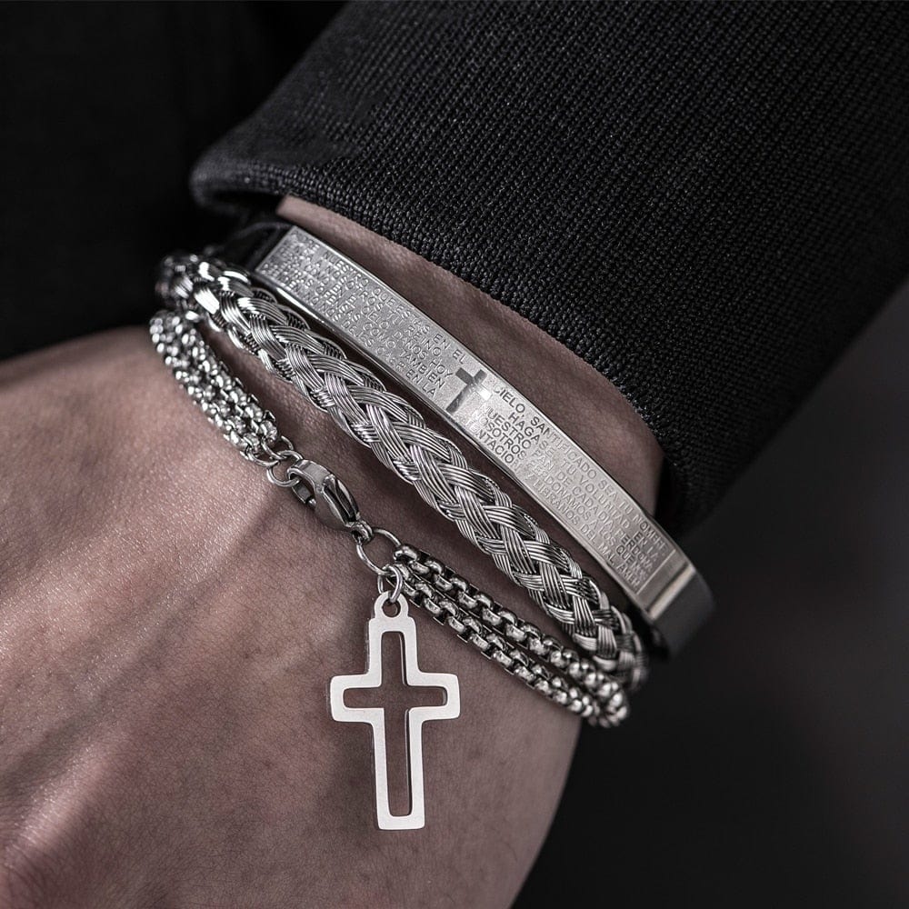 Luxury 3pcs/Set Stainless Steel Cross Bracelet  Men Jewelry Charm Open Brangle Carving Spanish Scripture Pulseira Bileklik