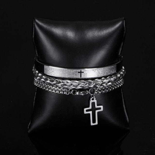 Luxury 3pcs/Set Stainless Steel Cross Bracelet  Men Jewelry Charm Open Brangle Carving Spanish Scripture Pulseira Bileklik