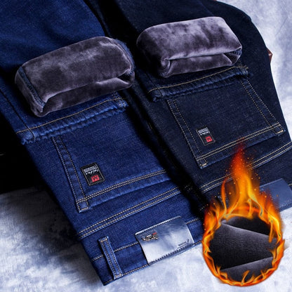 winter new men's black/blue warm thick slim-fit jeans business fashion casual denim trousers fleece stretch brand trousers