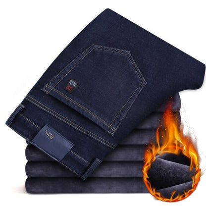 winter new men's black/blue warm thick slim-fit jeans business fashion casual denim trousers fleece stretch brand trousers